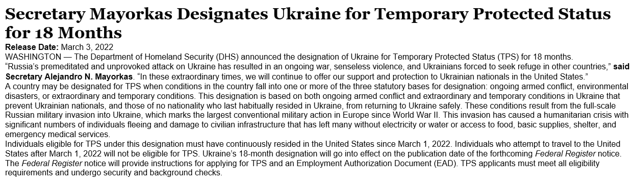 Secretary Mayorkas Designates Ukraine for Temporary Protected Status for 18 Months Article